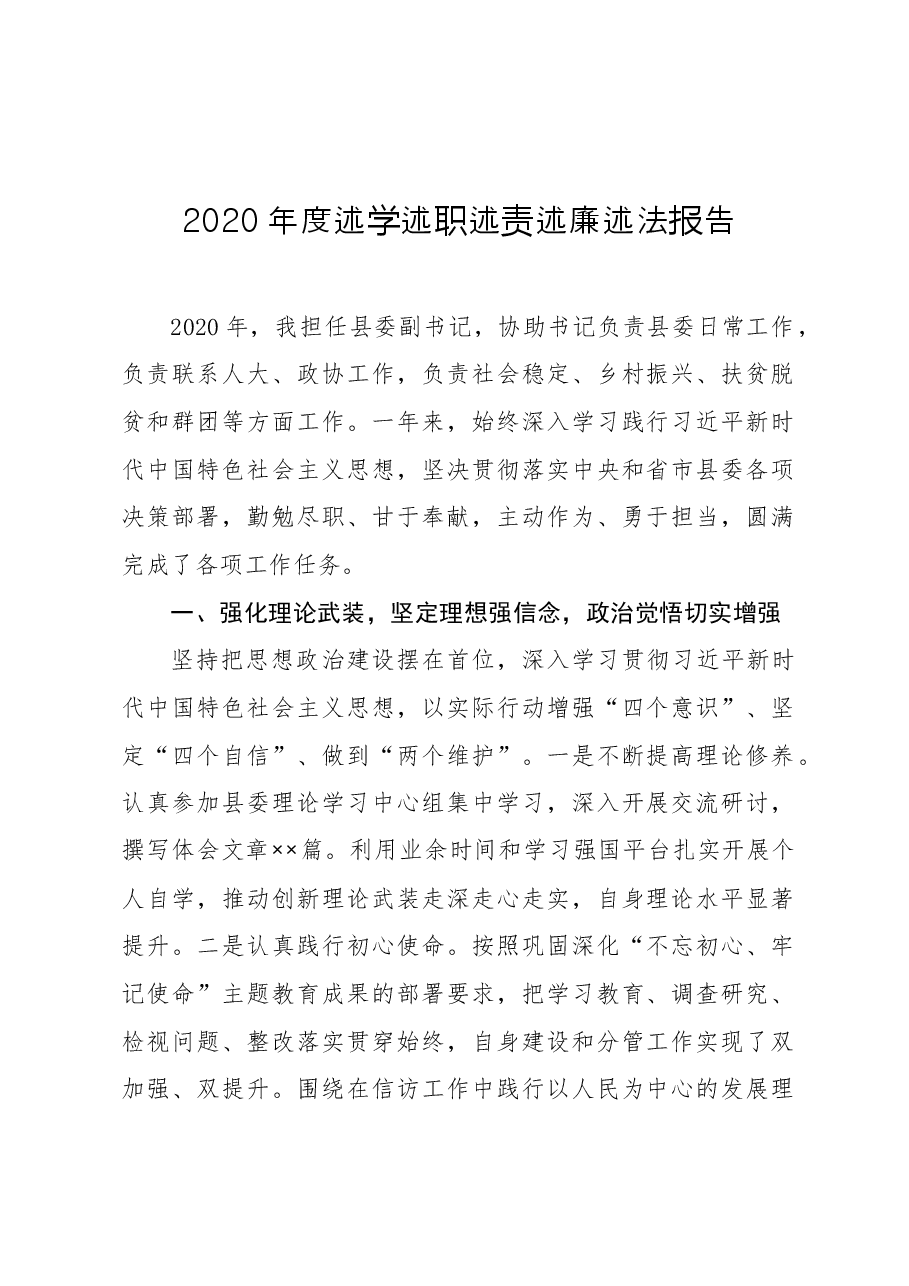 年终15:县委副书记2020年度述学述职述责述廉述法报告.docx,第1页预览