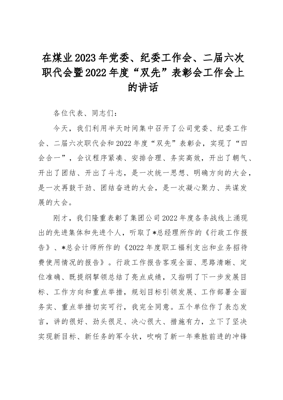 在煤业2023年党委、纪委工作会、二届六次职代会暨2022年度“双先”表彰会工作会上的讲话.docx,第1页预览