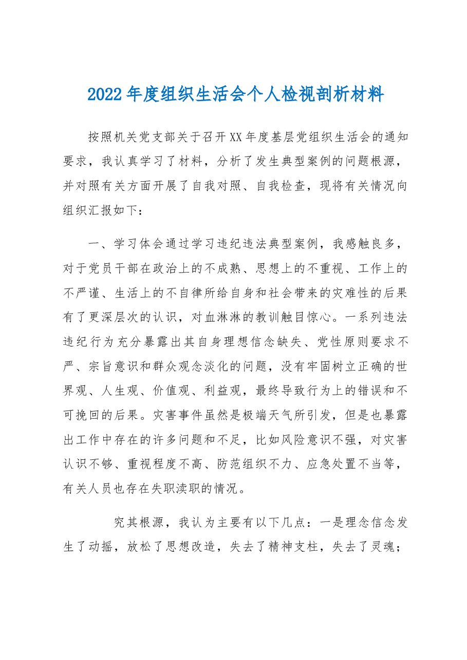 2022年度组织生活会个人检视剖析材料2.docx,第1页预览