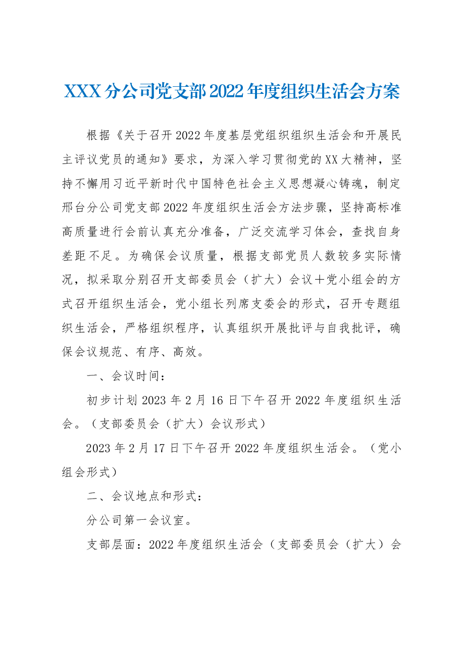 XXX分公司党支部2022年度组织生活会方案.docx,第1页预览