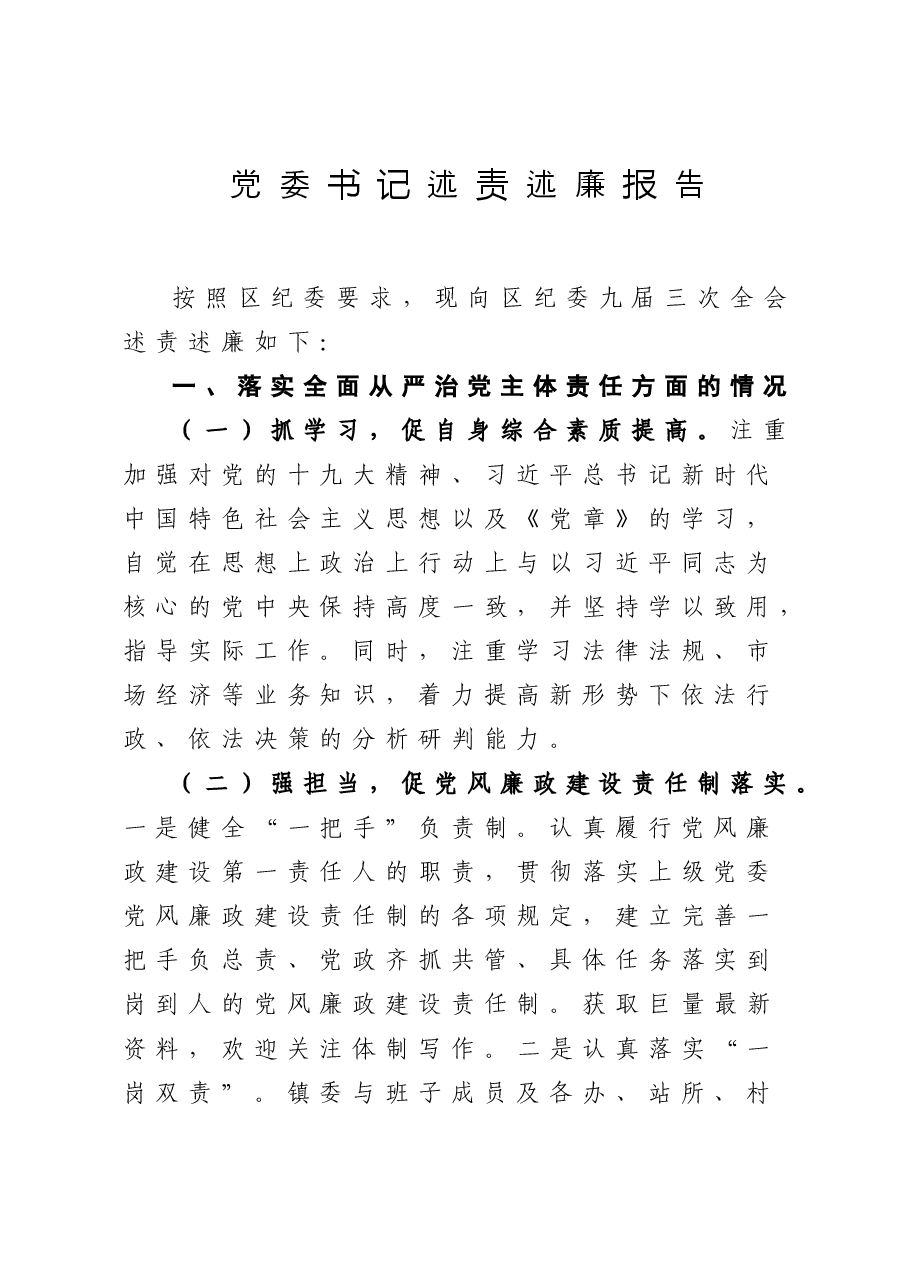 2020年党委书记述责述廉报告.doc,第1页预览