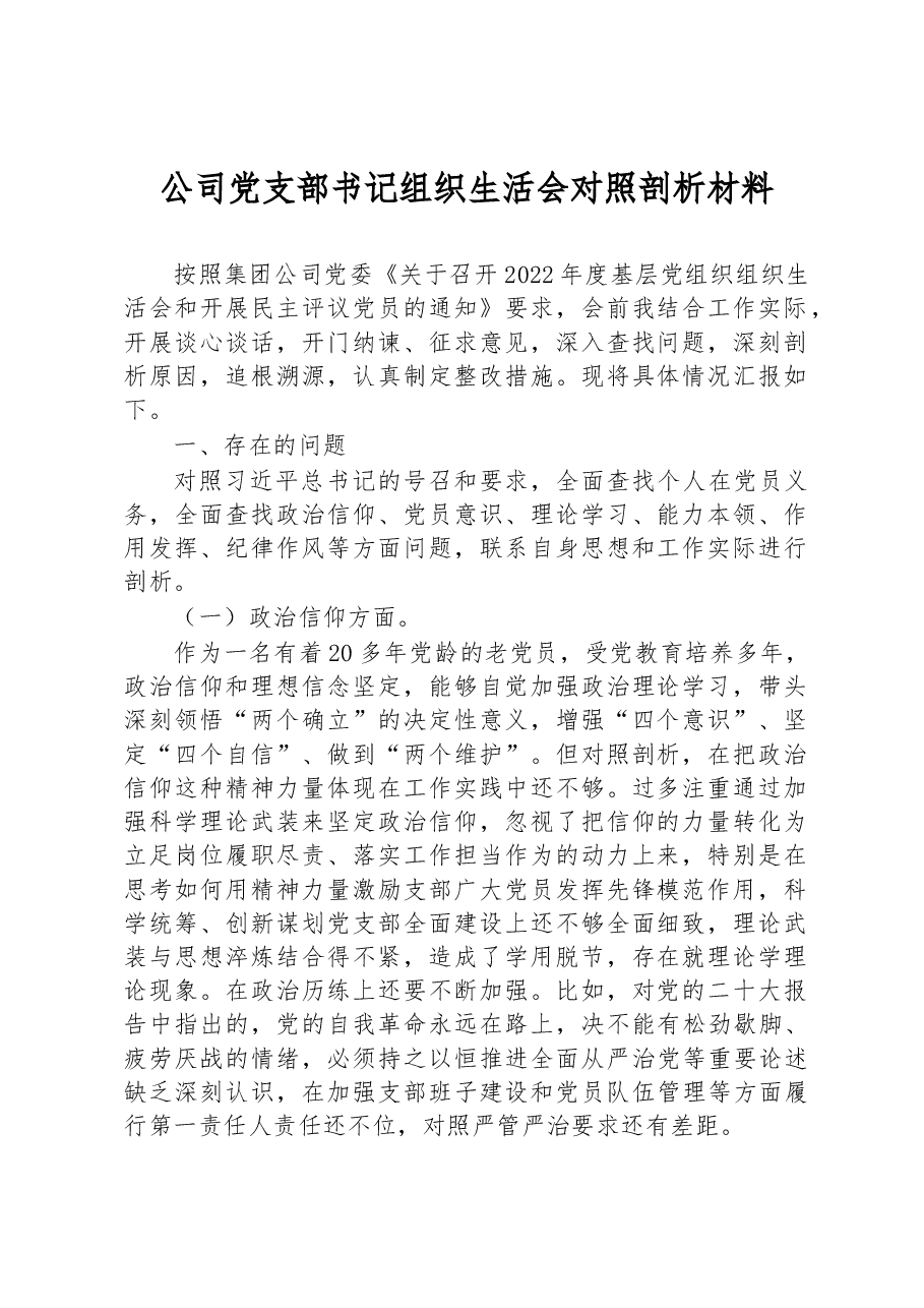 2022年度公司党支部书记组织生活会对照剖析材料.docx，第1页预览