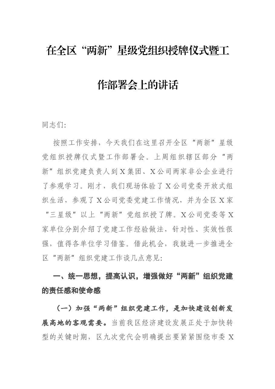 在全区“两新”星级党组织授牌仪式暨工作部署会上的讲话.docx,第1页预览