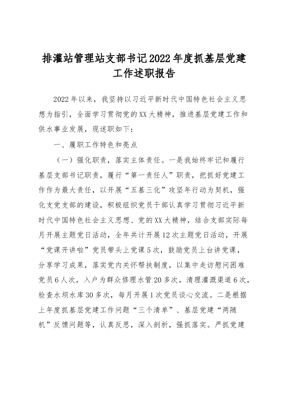 排灌站管理站支部书记2022年度抓基层党建工作述职报告.docx,第1页预览