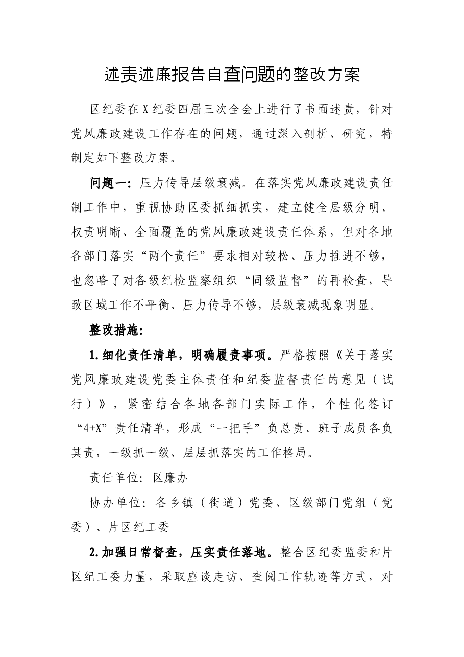 述责述廉报告自查问题的整改方案.docx,第1页预览