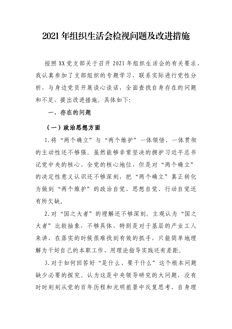 2021年组织生活会检视问题及改进措施.docx,第1页预览