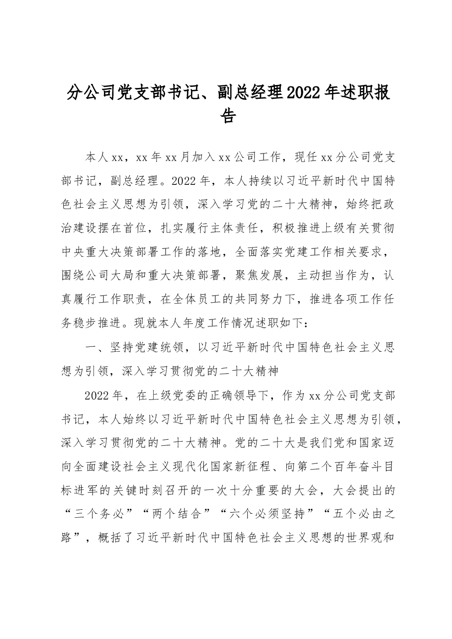 分公司党支部书记、副总经理2022年述职报告.docx,第1页预览