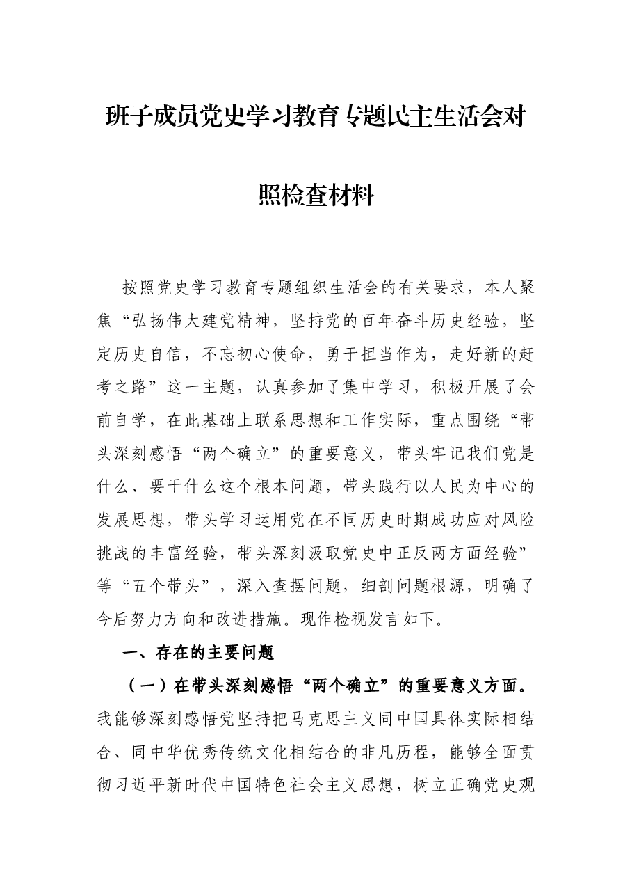 班子成员党史学习教育专题民主生活会对照检查材料.docx,第1页预览