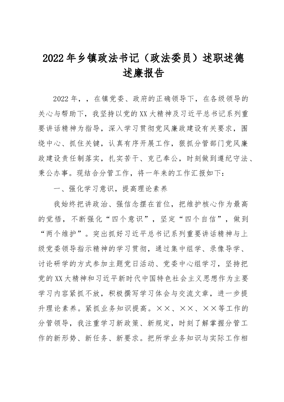 2022年乡镇政法书记(政法委员)述职述德述廉报告.docx,第1页预览