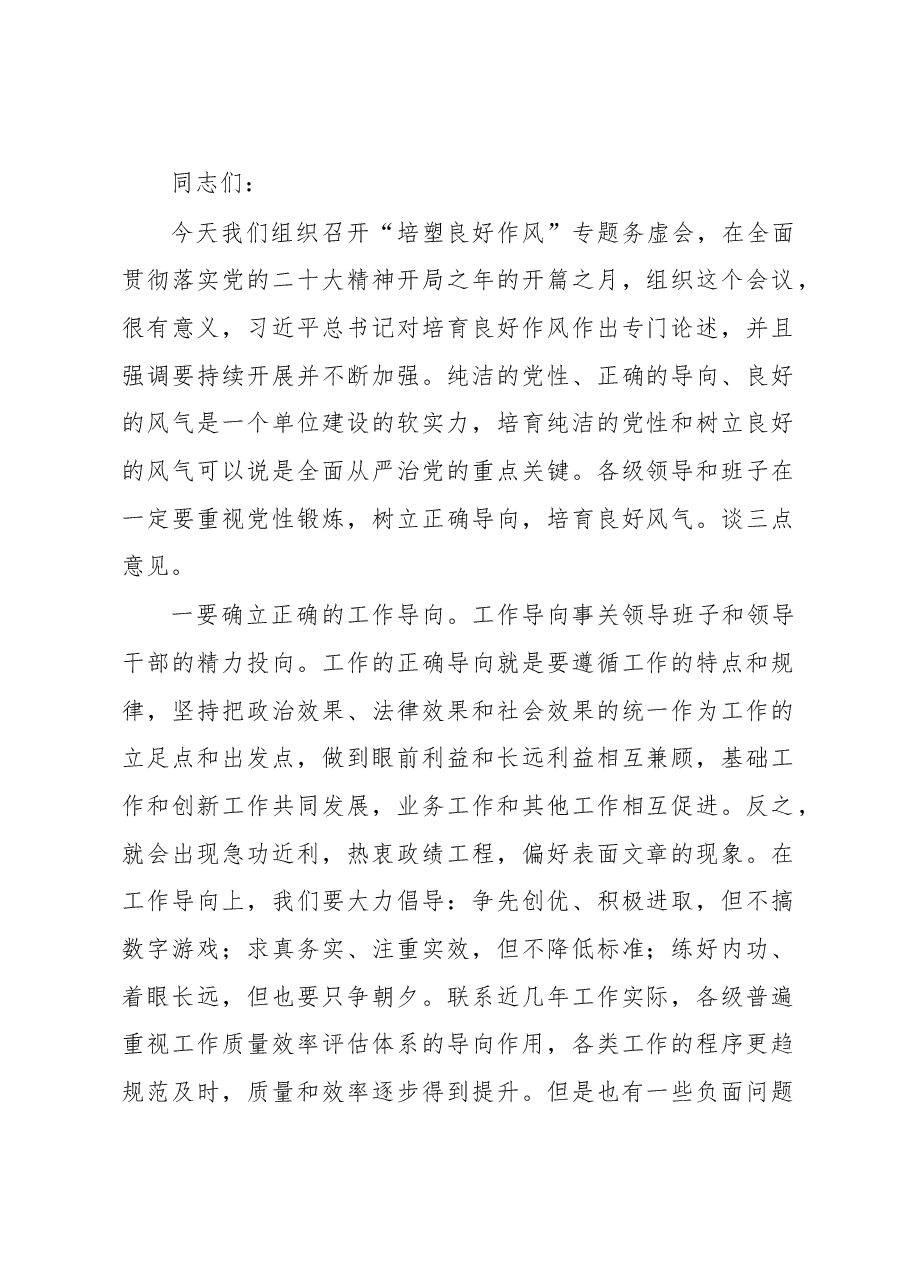 书记在“培塑良好作风”专题务虚会上的讲话.docx,第1页预览