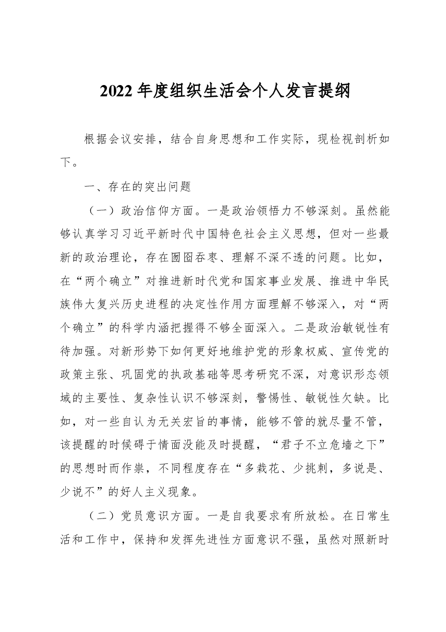 2022年度组织生活会个人发言提纲.docx,第1页预览