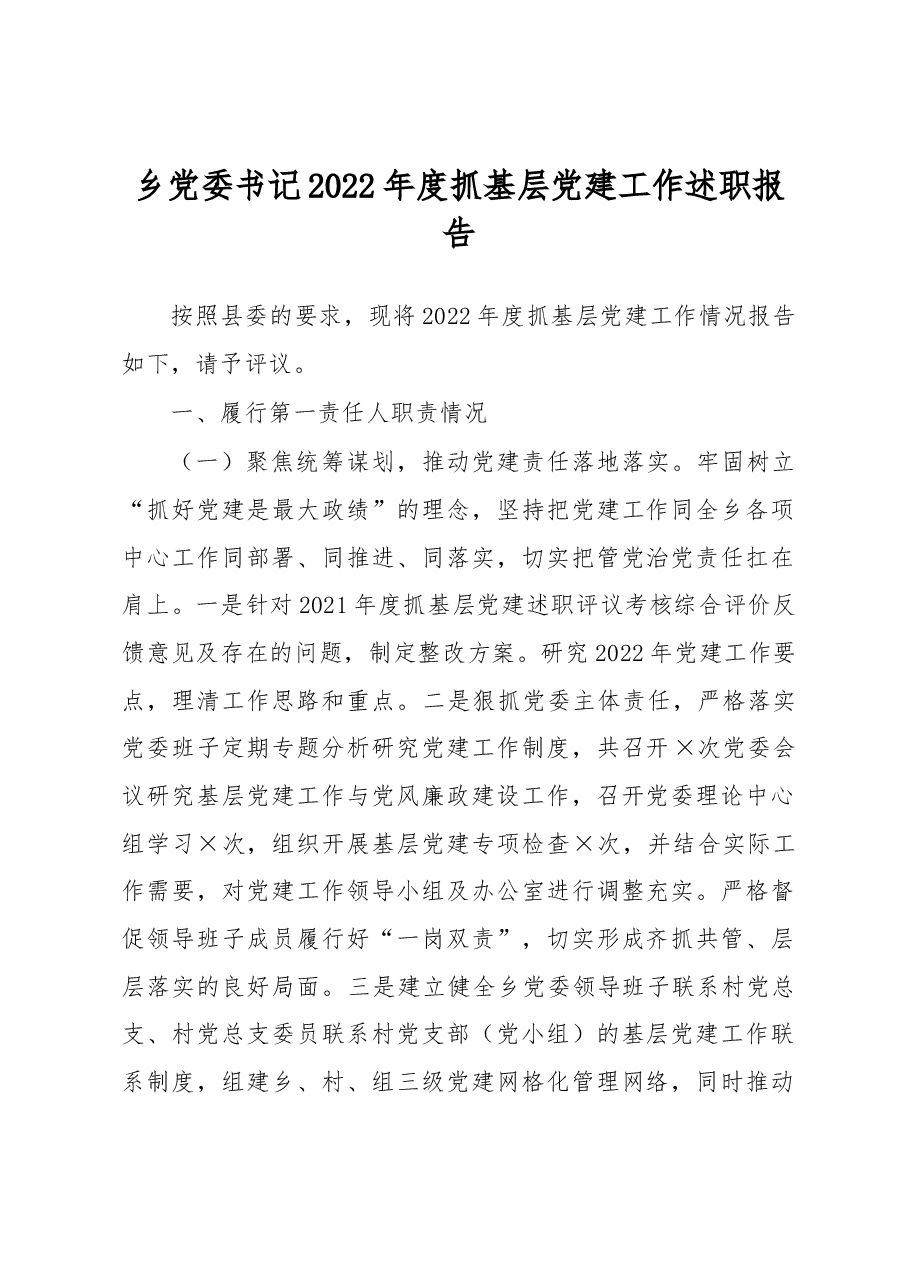乡党委书记2022年度抓基层党建工作述职报告.docx,第1页预览