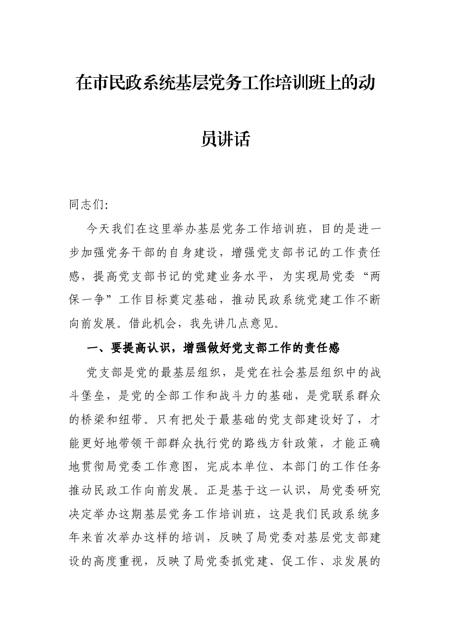 在市民政系统基层党务工作培训班上的动员讲话.docx,第1页预览