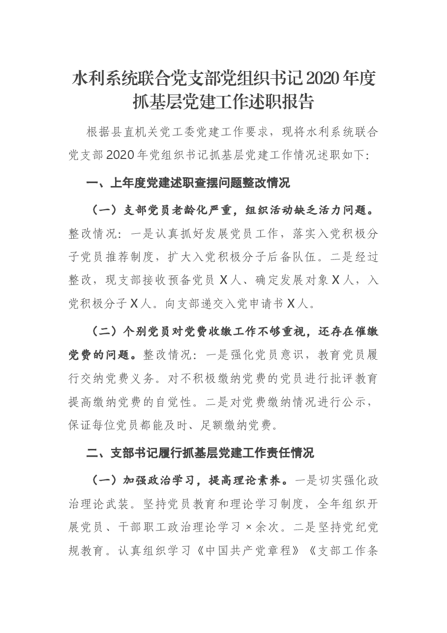 水利系统联合党支部党组织书记2020年度抓基层党建工作述职报告.docx,第1页预览