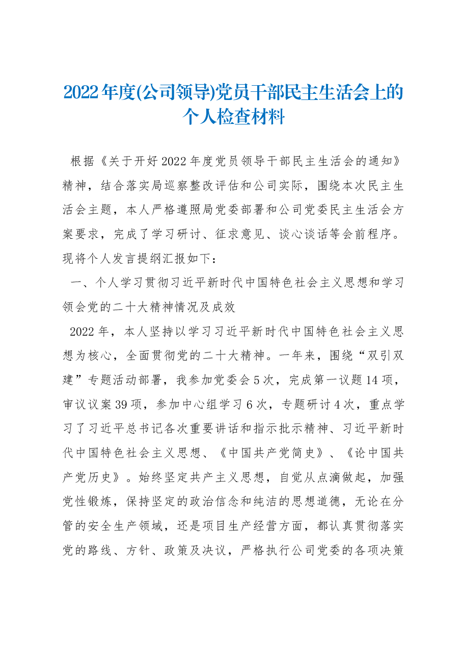 2022年度公司领导党员干部民主生活会上的个人检查材料.docx,第1页预览