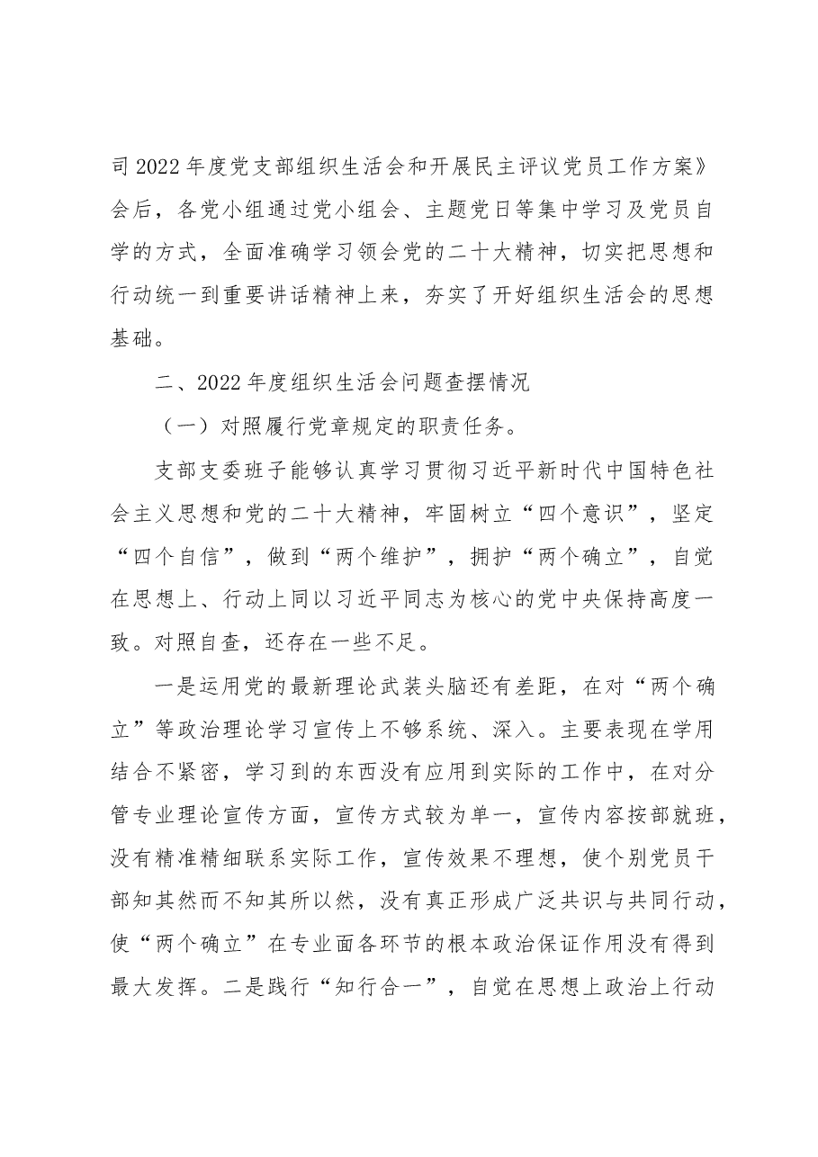 X公司党支部班子2022年度组织生活会对照检查材料.docx，第2页预览