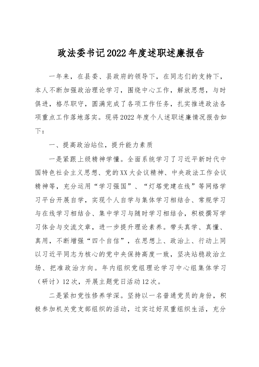 政法委书记2022年度述职述廉报告.docx，第1页预览