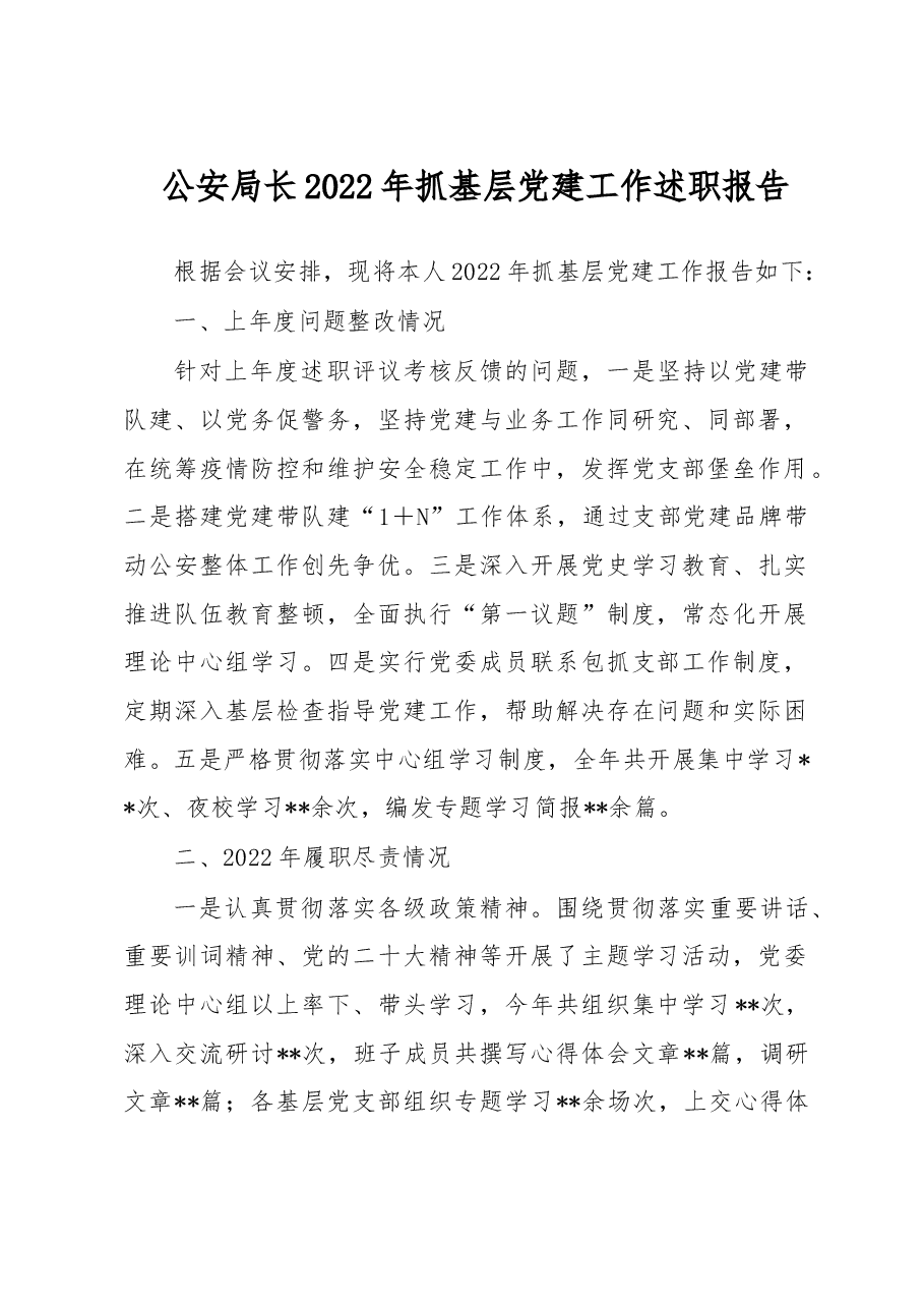 公安局长2022年抓基层党建工作述职报告.docx，第1页预览