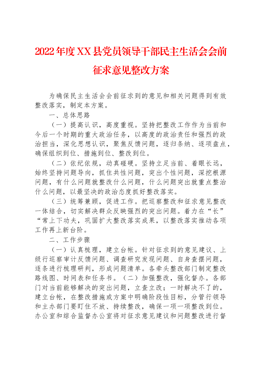2022年度XX县党员领导干部民主生活会会前征求意见整改方案.docx,第1页预览