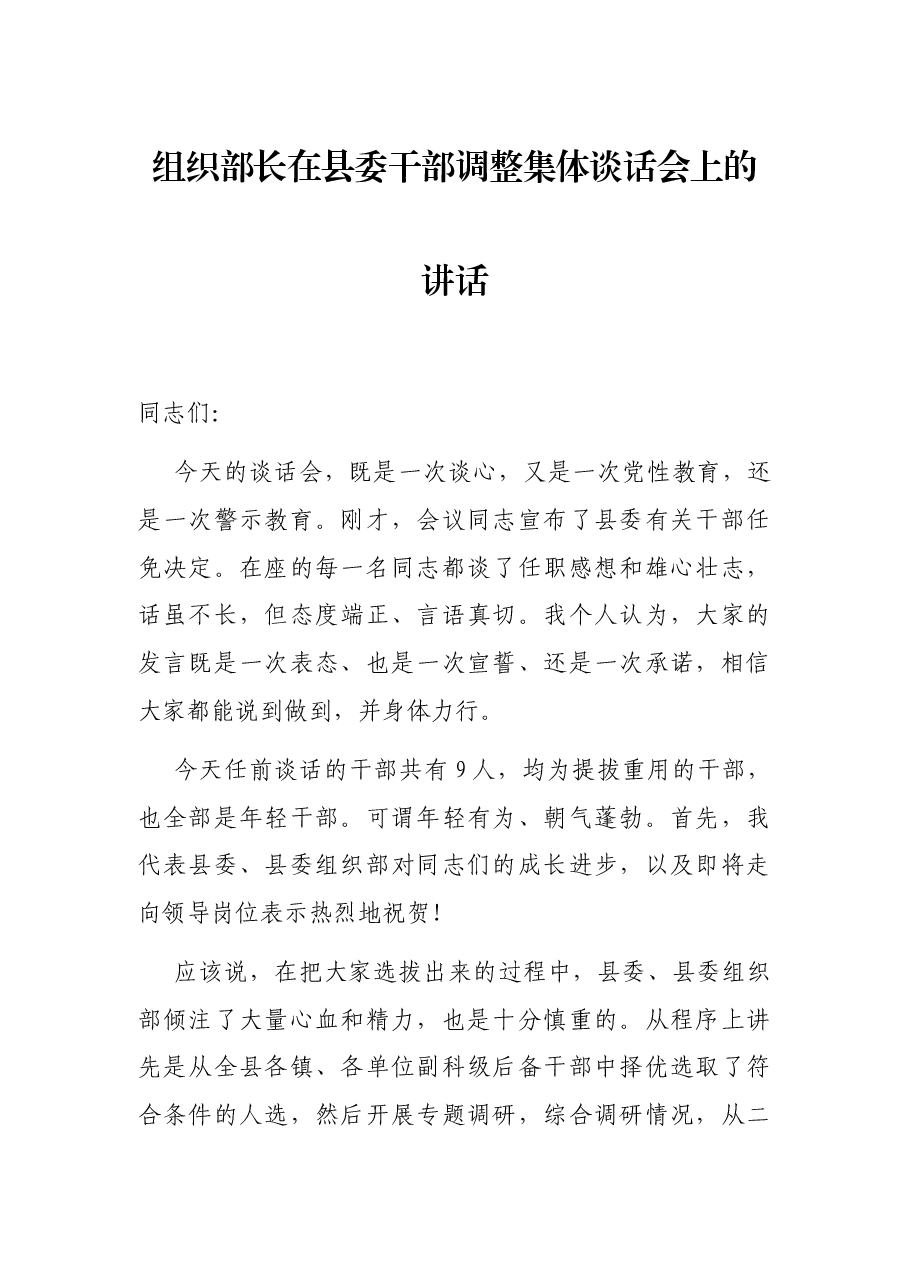组织部长在县委干部调整集体谈话会上的讲话.docx,第1页预览