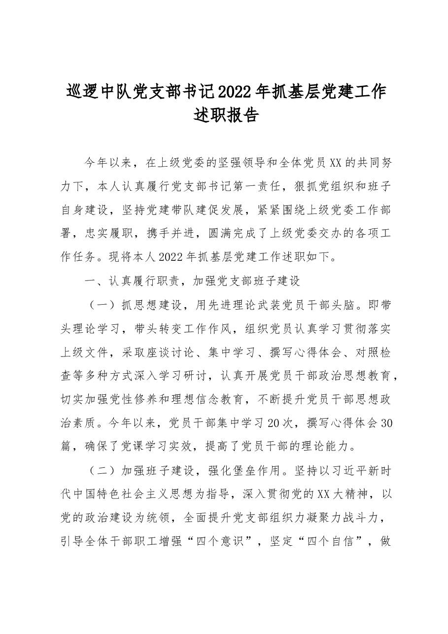 巡逻中队党支部书记2022年抓基层党建工作述职报告.docx,第1页预览