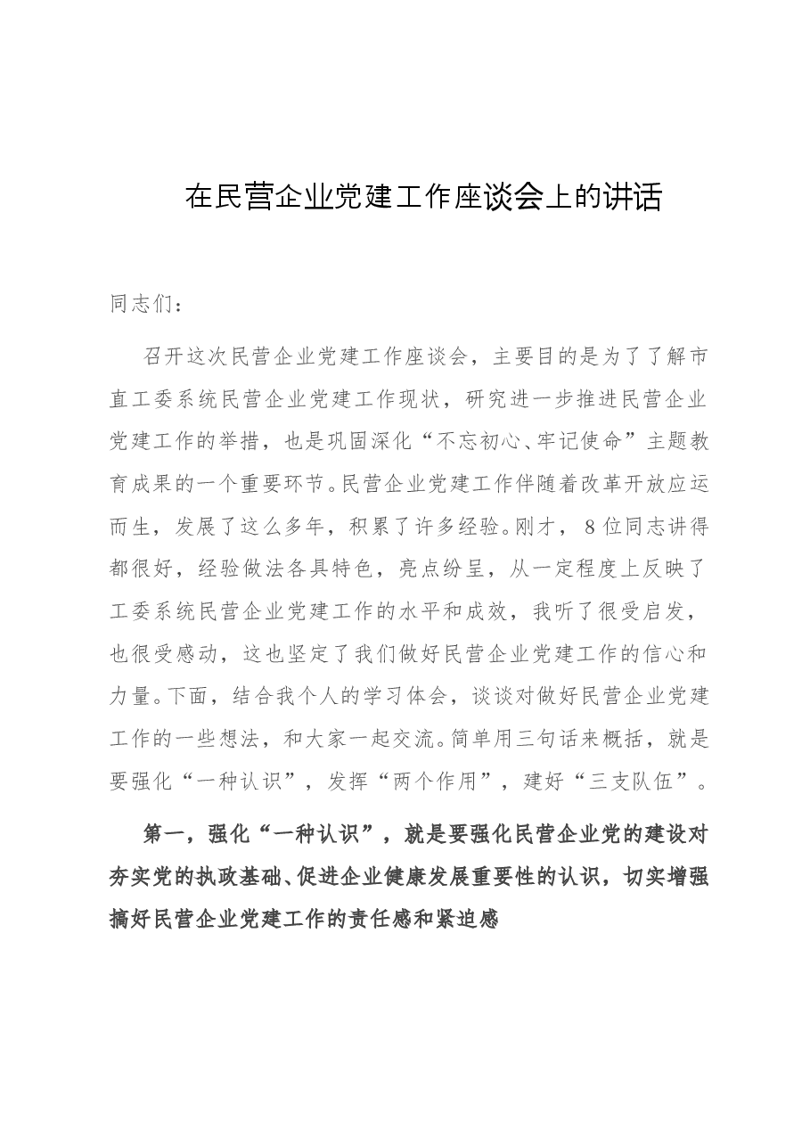在民营企业党建工作座谈会上的讲话.doc,第1页预览