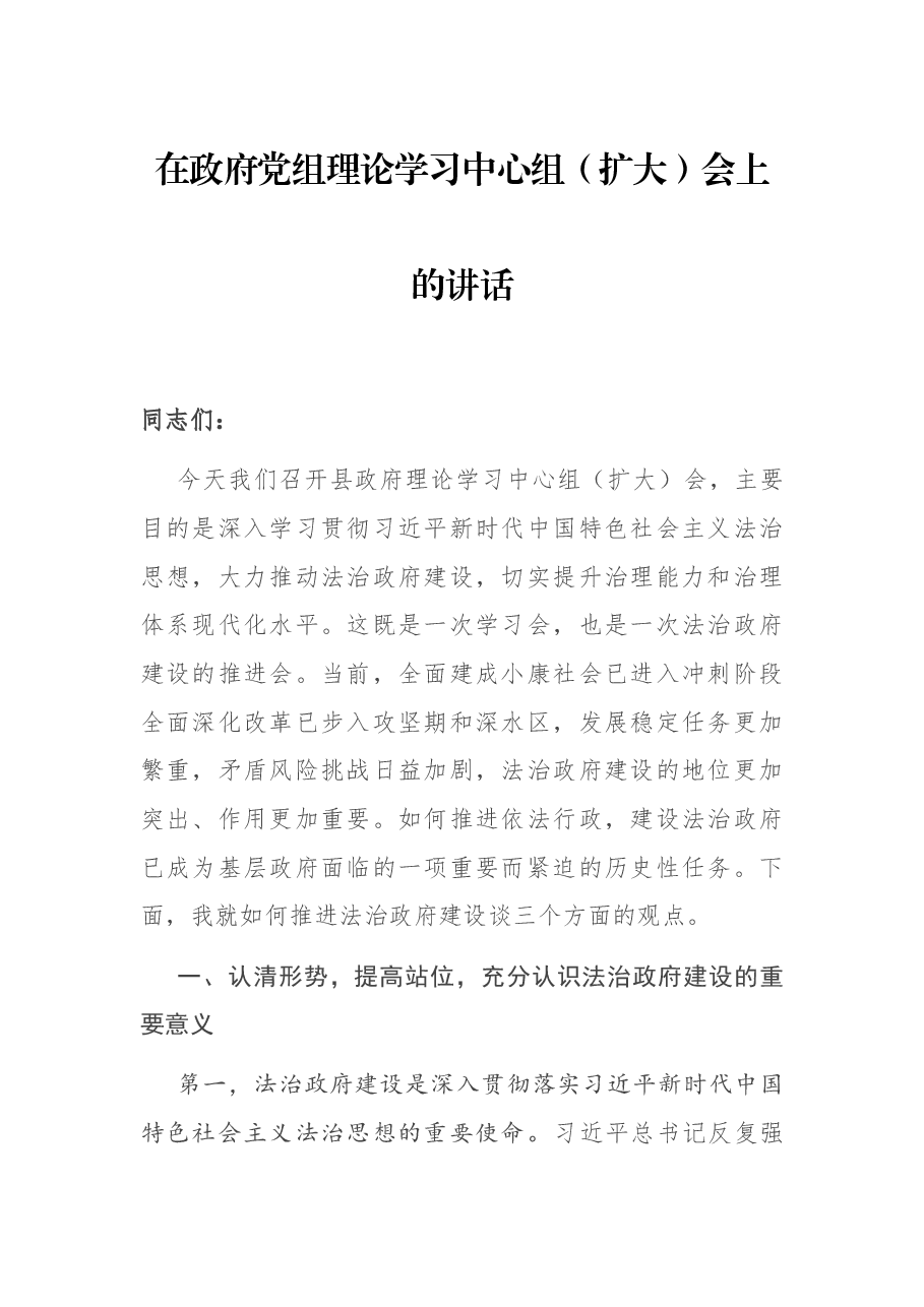 在政府党组理论学习中心组(扩大)会上的讲话.docx,第1页预览