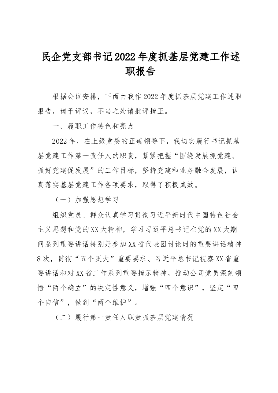 民企党支部书记2022年度抓基层党建工作述职报告.docx,第1页预览