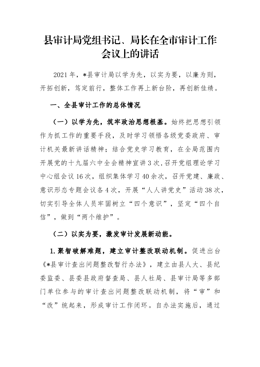县审计局党组书记、局长在全市审计工作会议上的讲话.docx,第1页预览
