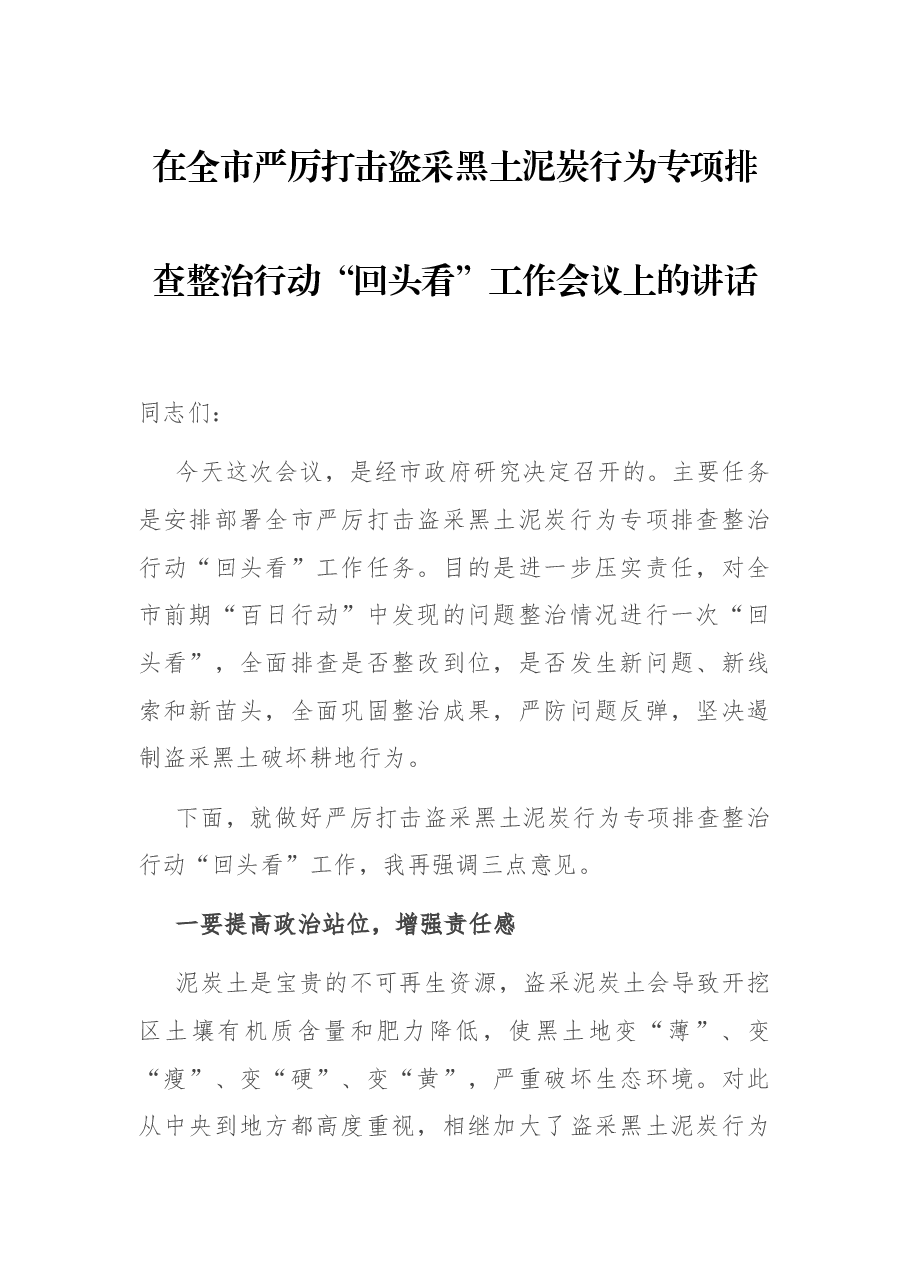 在全市严厉打击盗采黑土泥炭行为专项排查整治行动“回头看”工作会议上的讲话.docx,第1页预览