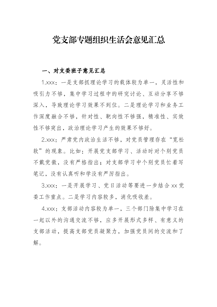 党支部专题组织生活会意见汇总.docx,第1页预览