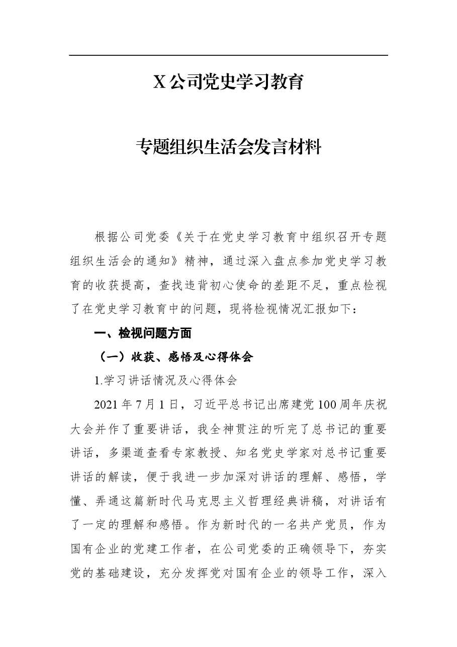 X公司党史学习教育专题组织生活会发言材料.docx,第1页预览