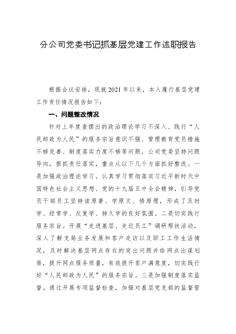 分公司党委书记抓基层党建工作述职报告.docx,第1页预览