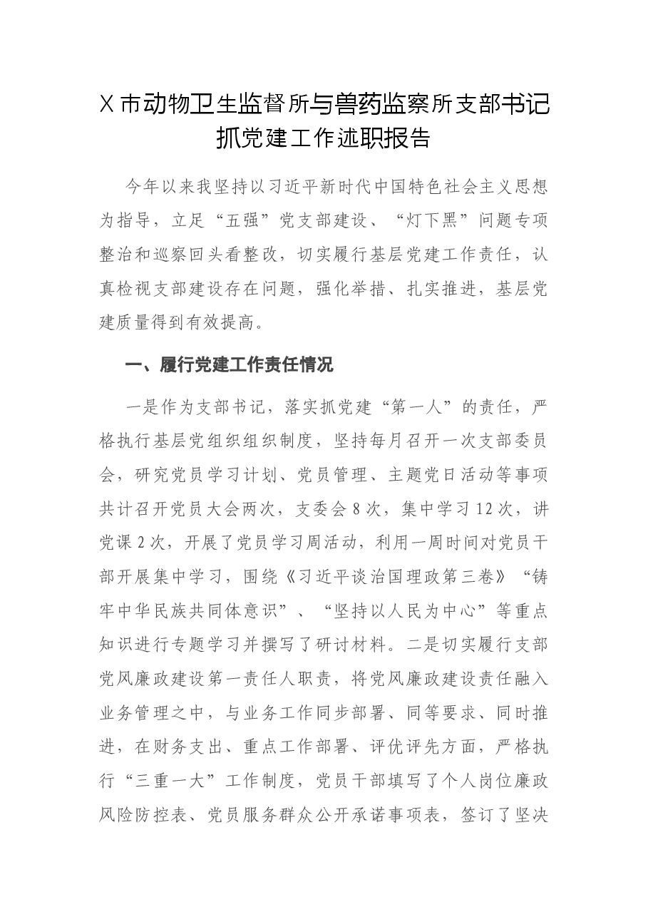 X市动物卫生监督所与兽药监察所支部书记抓党建工作述职报告.docx，第1页预览