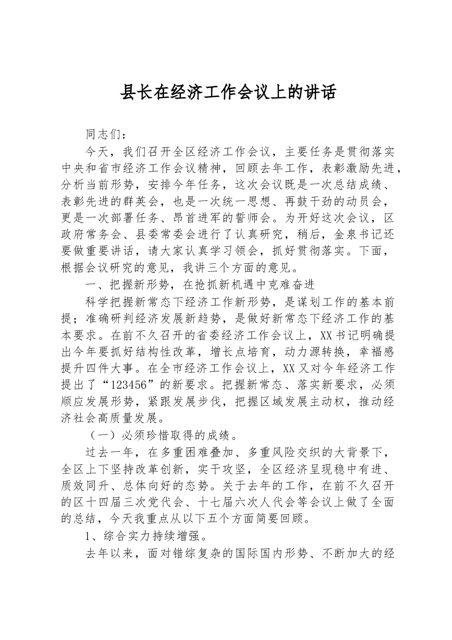 县长在经济工作会议上的讲话.docx,第1页预览