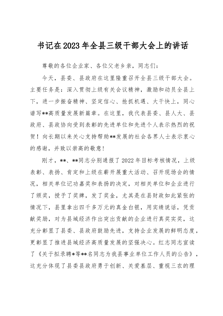 书记在2023年全县三级干部大会上的讲话.docx,第1页预览