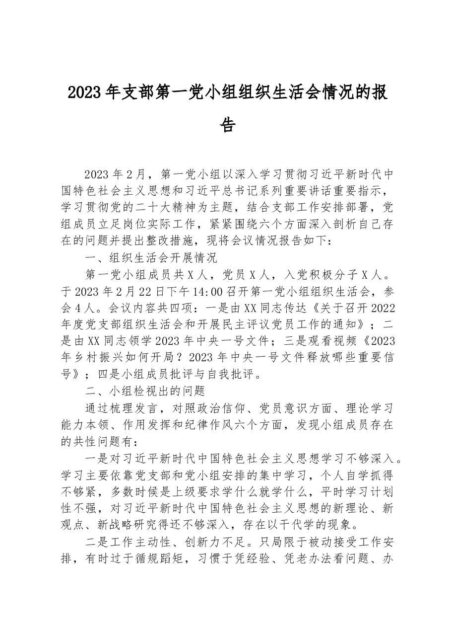 2023年支部第一党小组组织生活会情况的报告.docx,第1页预览