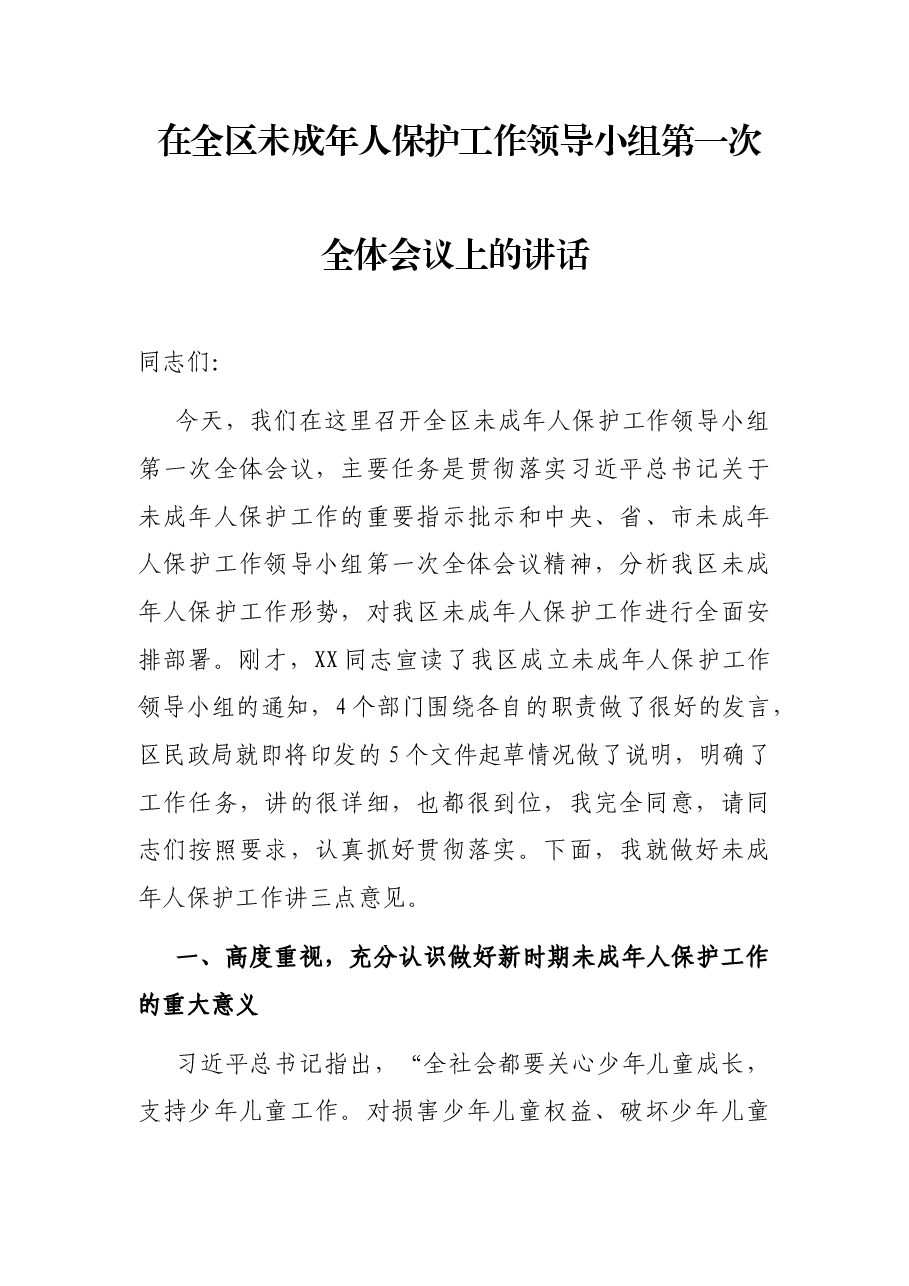 在全区未成年人保护工作领导小组第一次全体会议上的讲话.docx,第1页预览