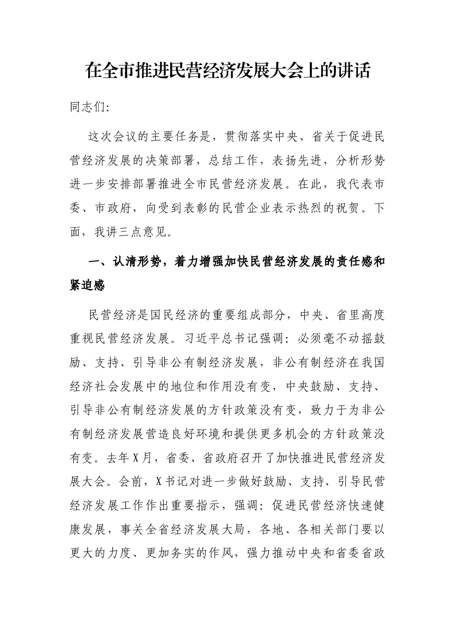 在全市推进民营经济发展大会上的讲话.docx,第1页预览