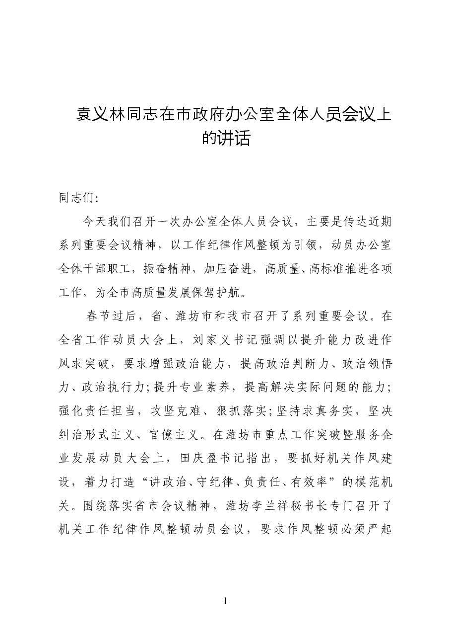 寿光市政府办公室主任袁义林:在市政府办公室全体人员会议上的讲话.docx,第1页预览