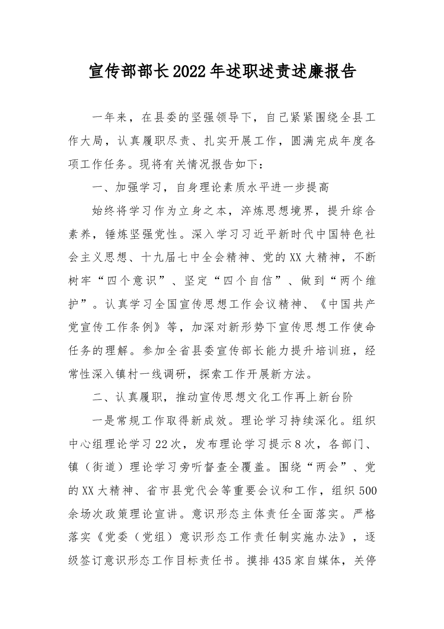 宣传部部长2022年述职述责述廉报告.docx,第1页预览