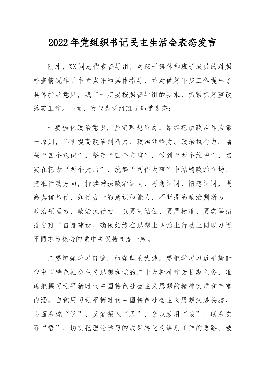 2022年党组织书记民主生活会表态发言.docx,第1页预览
