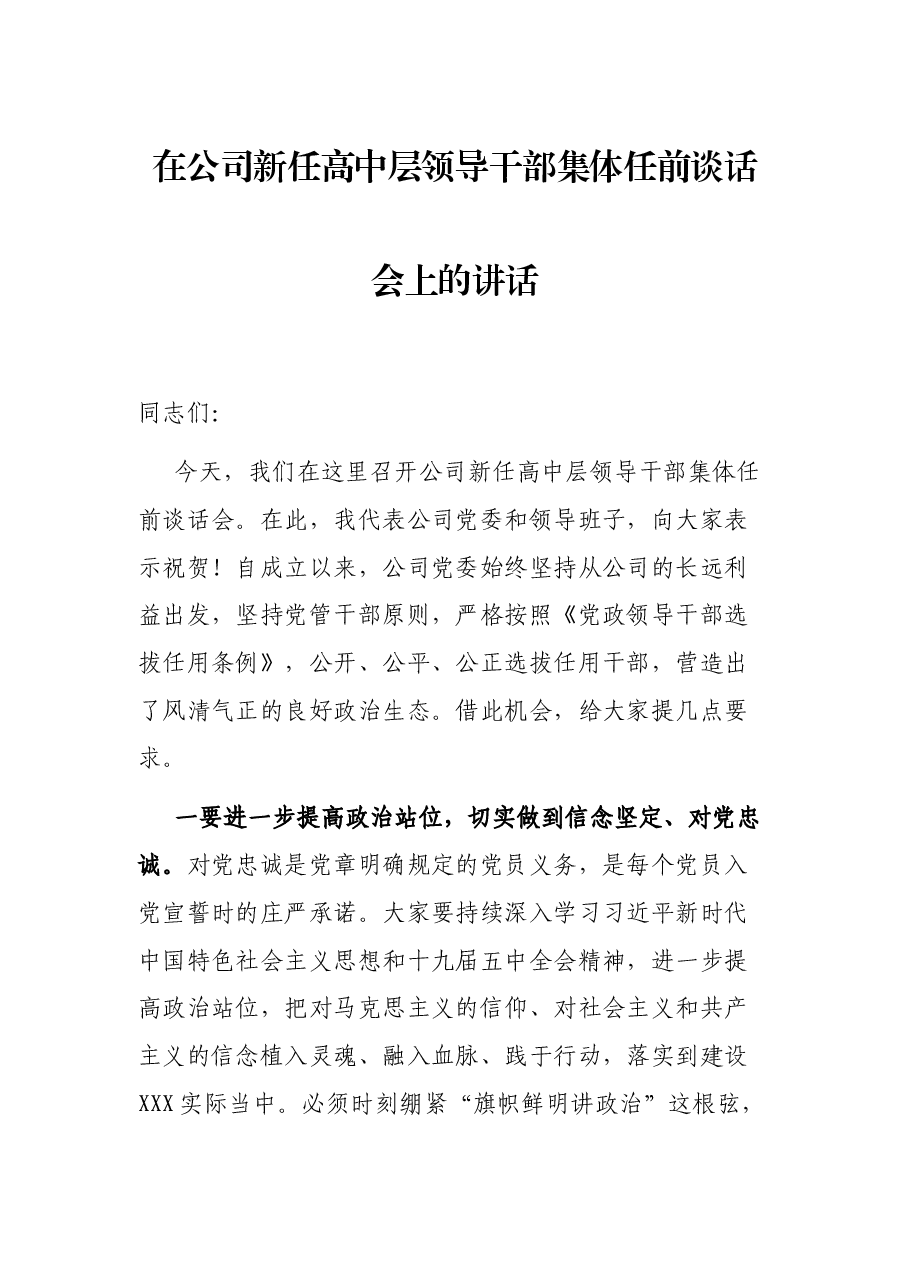 在公司新任高中层领导干部集体任前谈话会上的讲话.docx,第1页预览
