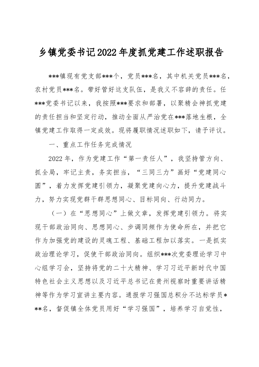 乡镇党委书记2022年度抓党建工作述职报告范文.docx,第1页预览