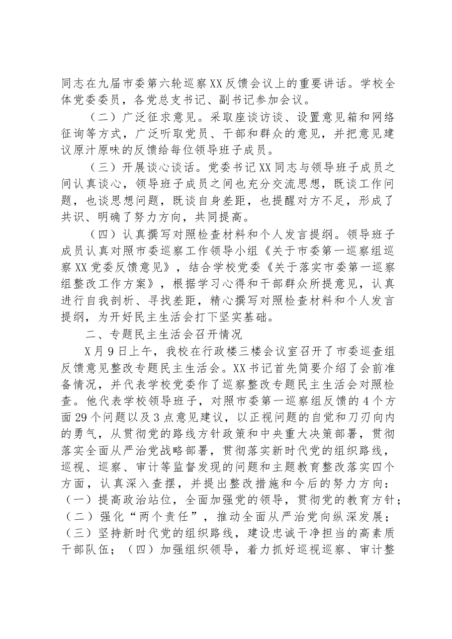 XX学校市委巡查组反馈意见整改专题民主生活会专题报告.docx，第2页预览