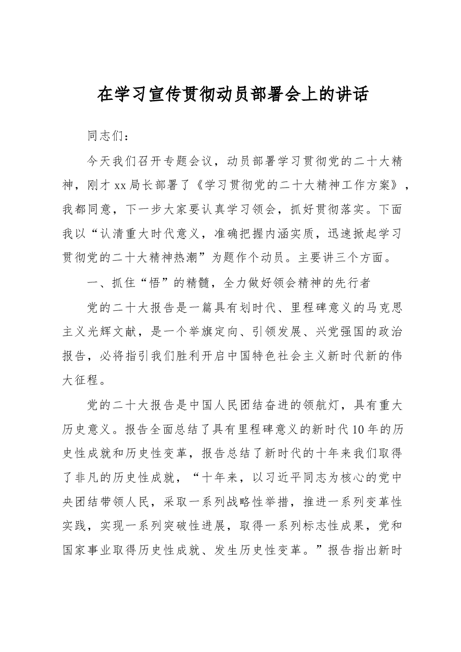 在学习宣传贯彻动员部署会上的讲话.docx,第1页预览