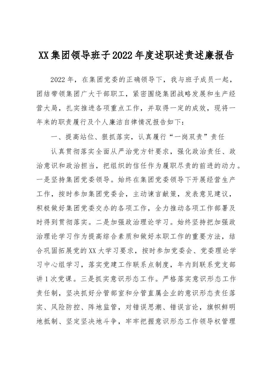 XX集团领导班子2022年度述职述责述廉报告.docx,第1页预览