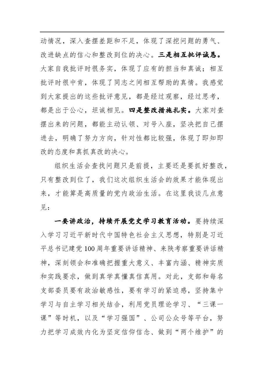 国企党委书记参加下属公司支部专题组织生活会点评材料.docx,第2页预览
