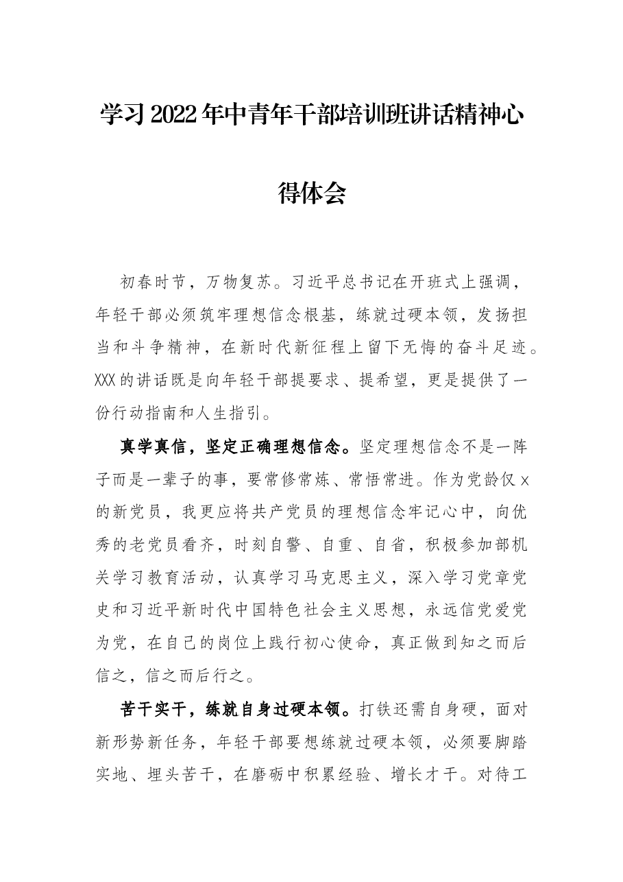 学习2022年中青年干部培训班讲话精神心得体会.docx，第1页预览