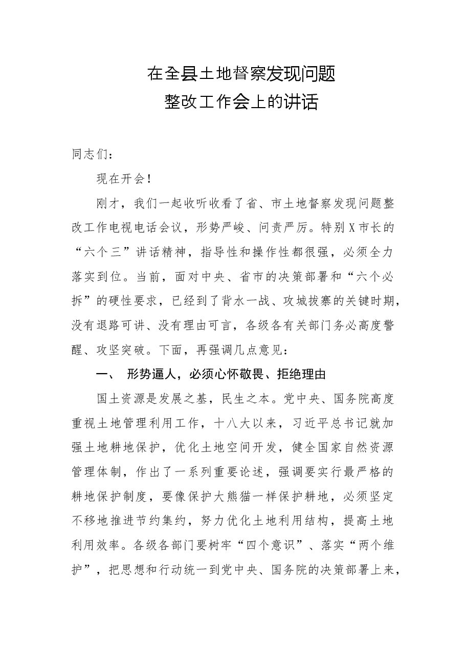 在全县土地督察发现问题整改工作会上的讲话.doc，第1页预览